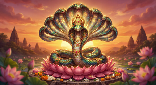 Nag Devta Illustration for Nag Panchami Festival Poster, Divine Serpent Background