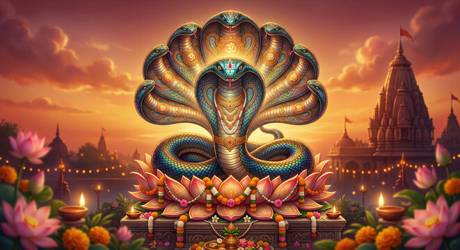 Nag Devta Illustration for Nag Panchami Festival Poster, Divine Serpent Background
