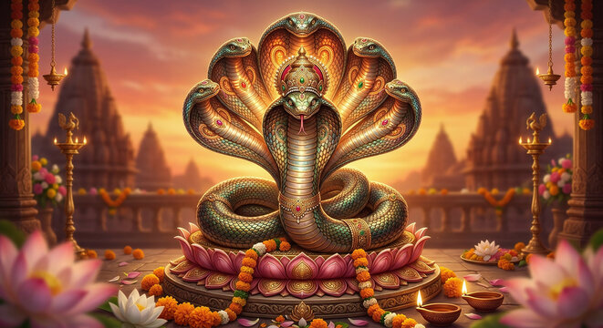Nag Devta Illustration for Nag Panchami Festival Poster, Divine Serpent Background