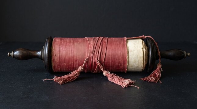 Ancient parchment scroll wrapped in red silk with tassels on a dark background, representing sacred Jewish tradition and religious study.