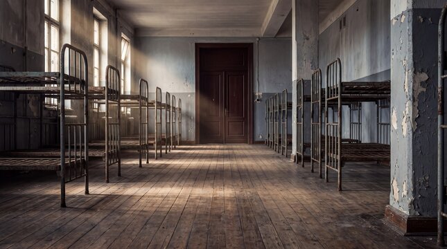 Empty institutional corridor with bunk beds under cinematic natural light.
