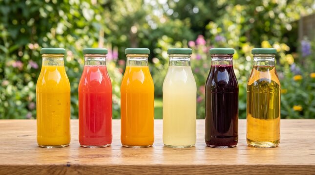 A row of glass bottles filled with colorful fruit juices sitting on a wooden table outdoors in a garden under sunny natural light.