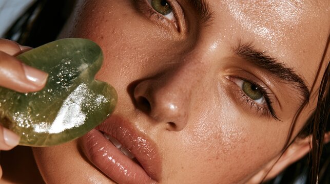 Close-up of woman with green eye holding translucent heart-shaped beauty tool against face for skincare and facial massage routine with natural dewy skin