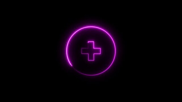 Glowing purple neon plus sign inside a circle icon