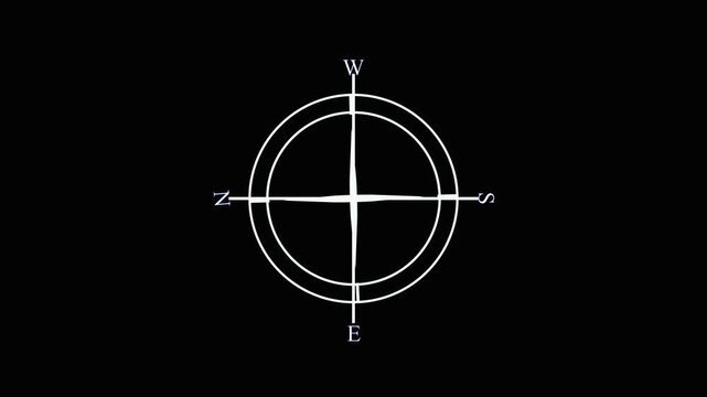 Minimalist compass rose animation on black background, navigational direction for travel and mapping projects