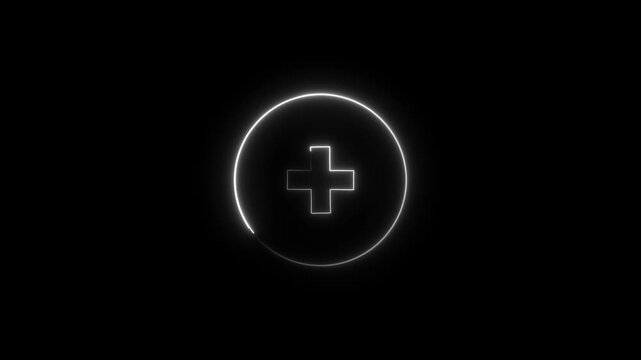 Glowing white neon plus sign icon inside a circle button shape for user interface design isolated on a black background