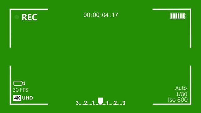 4k uhd camera recording overlay interface with green screen background, digital camcorder viewfinder hud, real-time rec indicator, battery status, and exposure meter for cinematic production