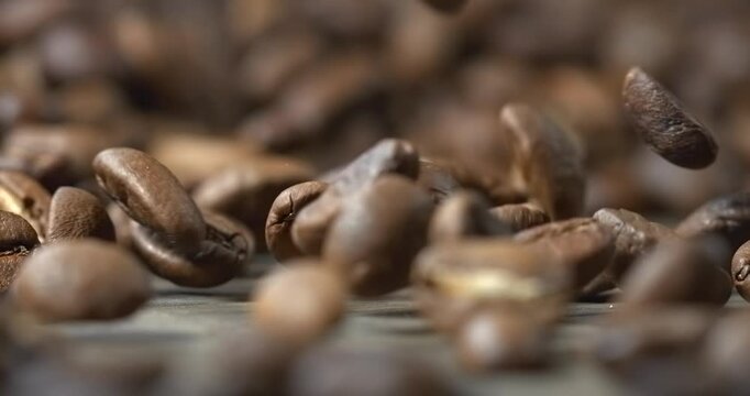 Roasted coffee beans bouncing across wooden table in super slow motion
