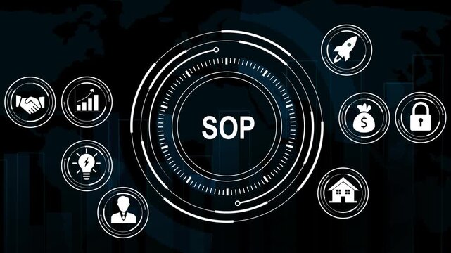 Standard operating procedure sop concept with animated business digital hud interface, corporate workflow optimization, strategic management process, operational efficiency infographic