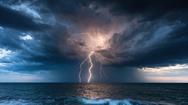 Dramatic dark stormy sky with powerful multiple lightning bolts striking over turbulent ocean water at dusk or dawn time