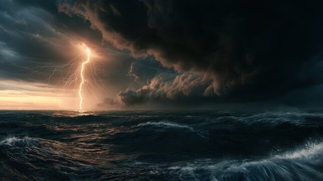 Dramatic dark stormy ocean with intense lightning strike illuminating turbulent waves under ominous heavy cloud sky during sunset evening