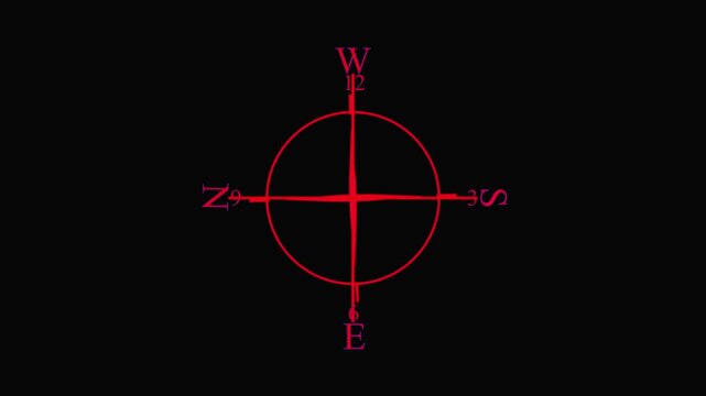 Minimalist red compass rose rotating on black background, navigation and direction concept orientation