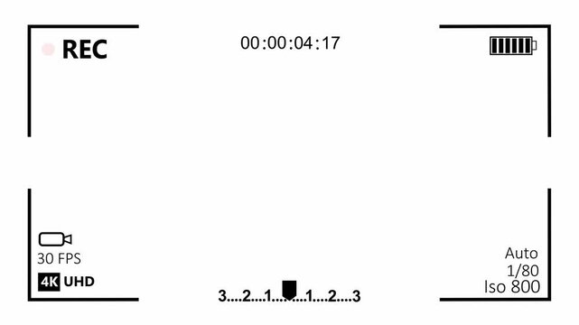 4k uhd camera recording overlay interface with blinking red rec indicator, timecode counter, battery level, and exposure meter for cinematic filmmaking, broadcast production, and editing projects