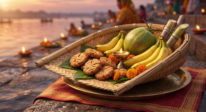 Chhath Puja Soop Basket Offering Illustration, Traditional Fruits Background