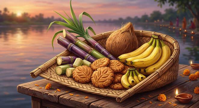 Chhath Puja Soop Basket Offering Illustration, Traditional Fruits Background
