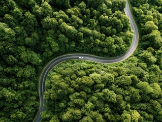 Aerial view of a white car on a winding road through a dense green forest