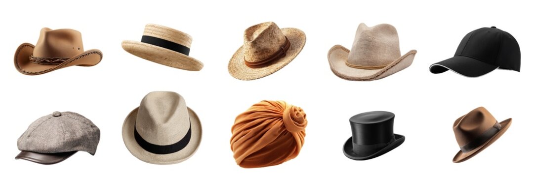 Men hats caps and berets collection isolated on transparent background