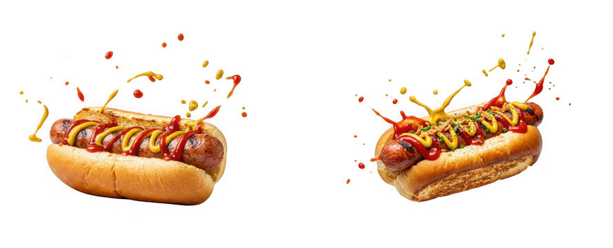 Grilled hot dog with mustard and ketchup splashes isolated on transparent background