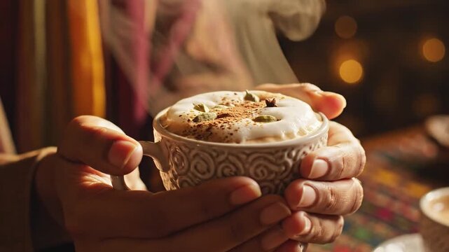 Hands holding steaming spiced latte with cardamom and cinnamon powder