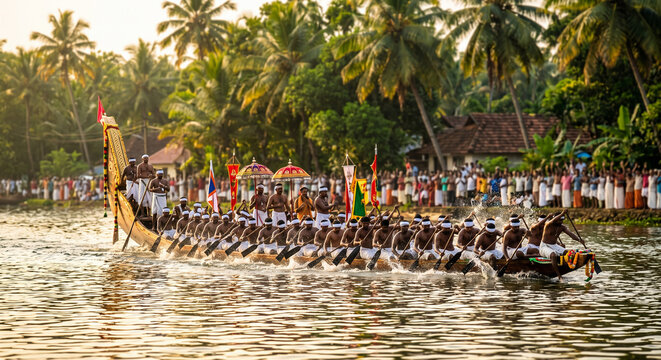 Vallamkali Snake Boat Race Illustration, Onam Festival River Background
