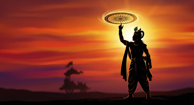Lord Krishna with Sudarshan Chakra Silhouette Sunset, Janmashtami Divine Power Illustration