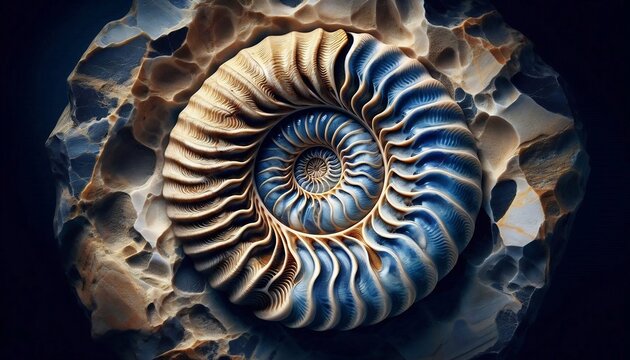 Ancient ammonite fossil embedded within natural textured sandstone rock formation macro view