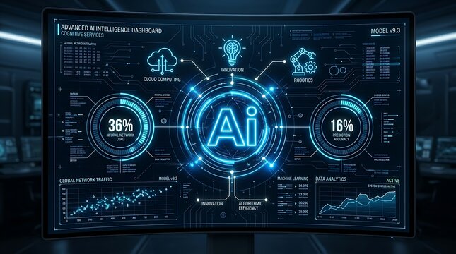 Advanced ai intelligence dashboard interface with data visualization and futuristic technology metrics