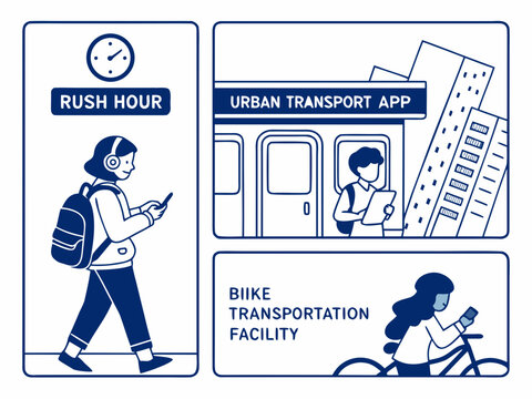 Line art illustration of people using smartphones for urban transportation during rush hour, featuring walking, public transport, and cycling