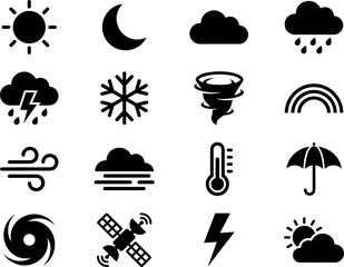 Obraz premium Set of weather forecast icons featuring various meteorological conditions.