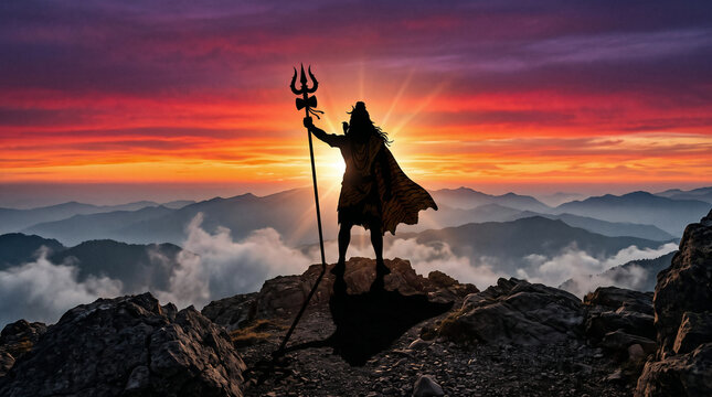 Lord Shiva Silhouette Standing on Mountain Peak at Sunset, Powerful Mahadev Illustration