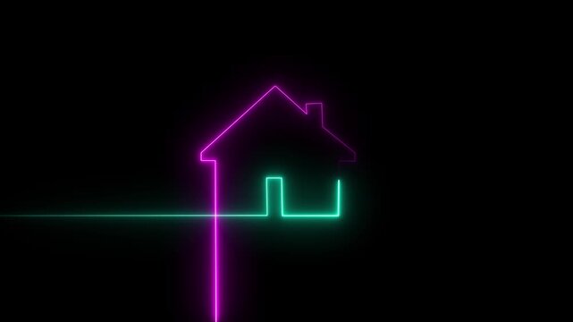 Animated neon outline home icon with glowing line style on dark background. 4k animation motion graphics video. Neon line Cool linear animated.