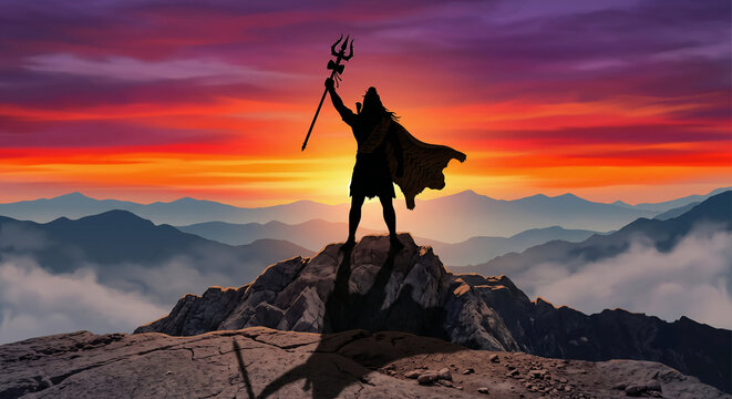 Lord Shiva Silhouette Standing on Mountain Peak at Sunset, Powerful Mahadev Illustration