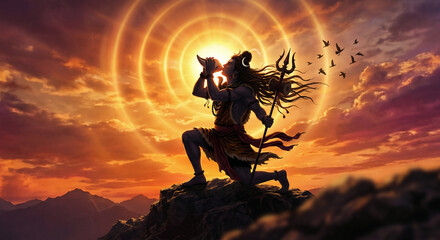 Fototapeta premium Shiva Silhouette Blowing Conch Shell at Sunset, Sacred Sound Om Illustration
