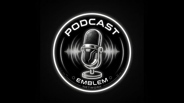 Podcast emblem logo with vintage microphone, circular broadcast badge on black background, professional radio studio icon with sound waves