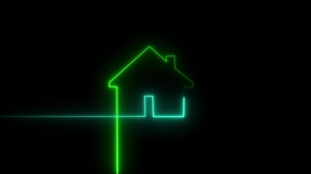 House icon glowing neon light on black background. Glowing neon home button. Home location marker symbol.  Glowing Neon Home icon house sign neon 4k video.