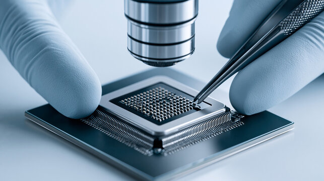 Worker wearing gloves testing electronic components with specialized equipment, electronic testing, quality verification