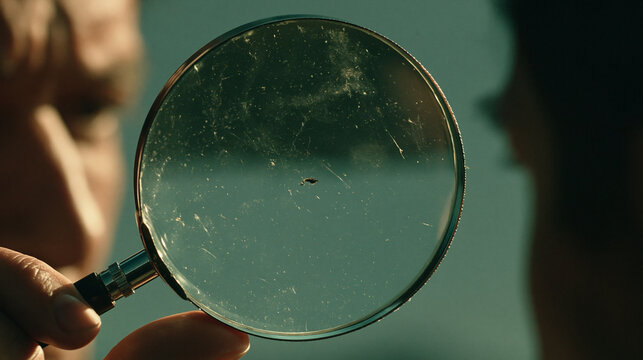Magnifying glass focused on a tiny defect in a manufactured part, defect detection, precision in quality control