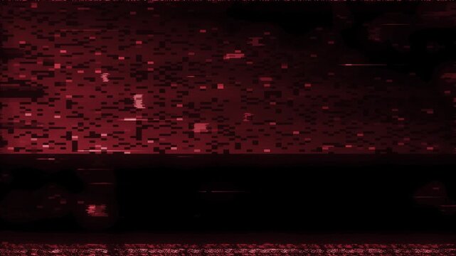 Corrupted digital screen texture with data moshing artifacts and displaced pixel rows. Red abstract TV distortion background with signal noise, chromatic aberration and horizontal glitch stripes