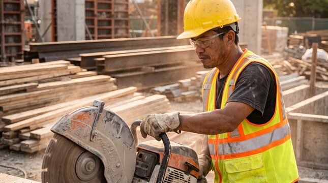 Asian male construction worker operating power concrete saw at outdoor building site, wearing safety helmet, vest, and goggles, heavy labor concept.