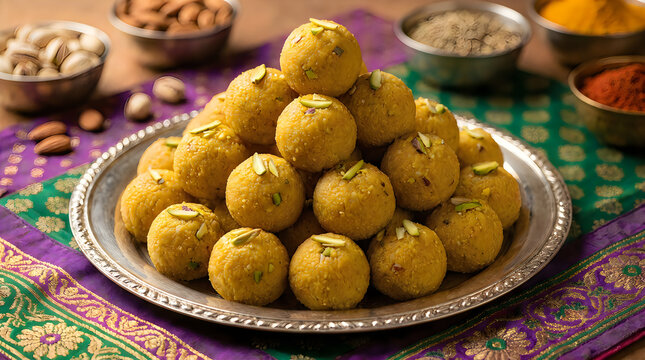 A pile of traditional indian sweet laddu served on a silver plate for the festive celebration of durga puja