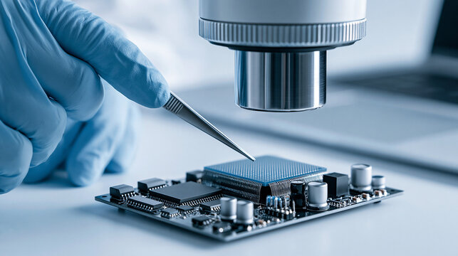 Engineer testing electronic circuit boards with precision tools, electronics quality control, component verification