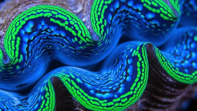 Vibrant blue and neon green giant clam mantle macro close up showing bioluminescent texture marine life abstract pattern underwater