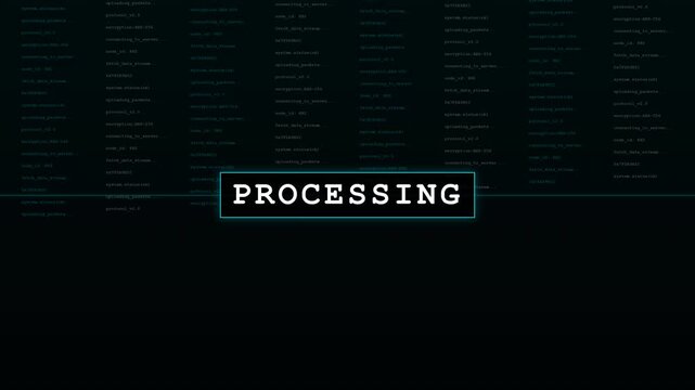 Processing text inside glowing digital bounding box on dark background

