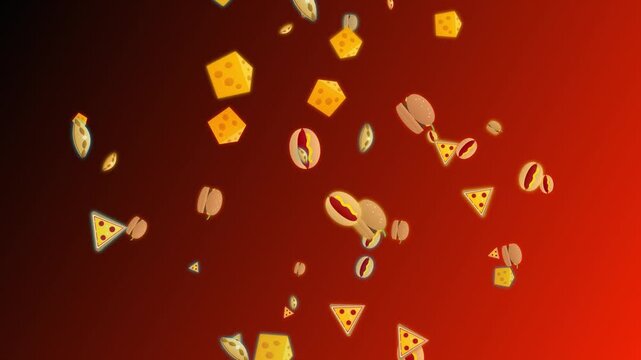 Animated Junk Food Icons Falling Against A Vibrant Red Gradient Background