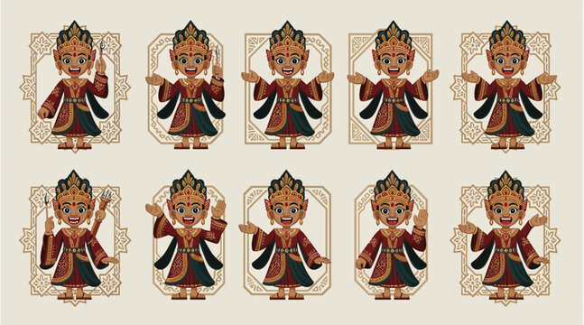 Collection of Indonesian Wayang Kulit Puppets in Traditional Costumes