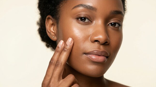 Close-up portrait of a young African American woman touching her face with flawless glowing skin perfect complexion and natural makeup for beauty cosmetics and skincare advertising campaigns