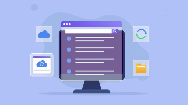 Flat vector animated desktop monitor displaying a cloud synchronization dashboard with cloud storage, file management, sync status, and workflow interface. Ideal for business, productivity, and techno