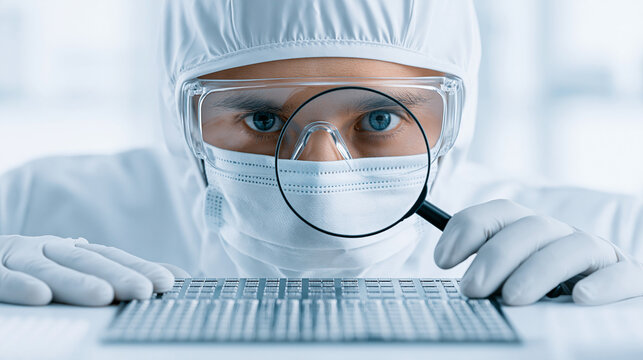 Worker reviewing product defects with a magnifying glass on a lab bench, defect analysis, detailed quality inspection