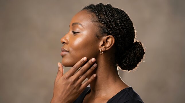 Profile portrait of a young African American woman with braided hair touching her smooth clear skin ideal for beauty cosmetics advertising and skincare product promotion campaigns