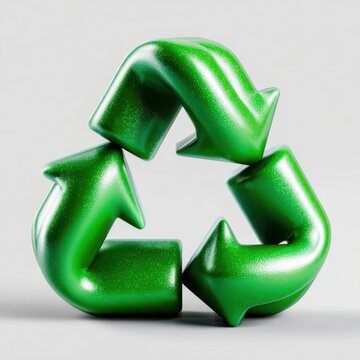 Green recycling symbol made of shiny material in a simple design on a light background